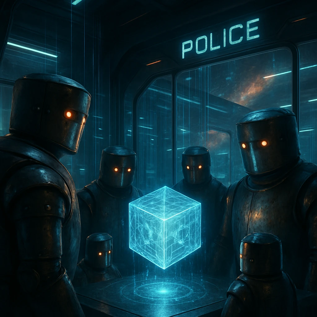 近未来の警察署で、円柱状の異星人たちが発光する立方体を囲んでいる様子。