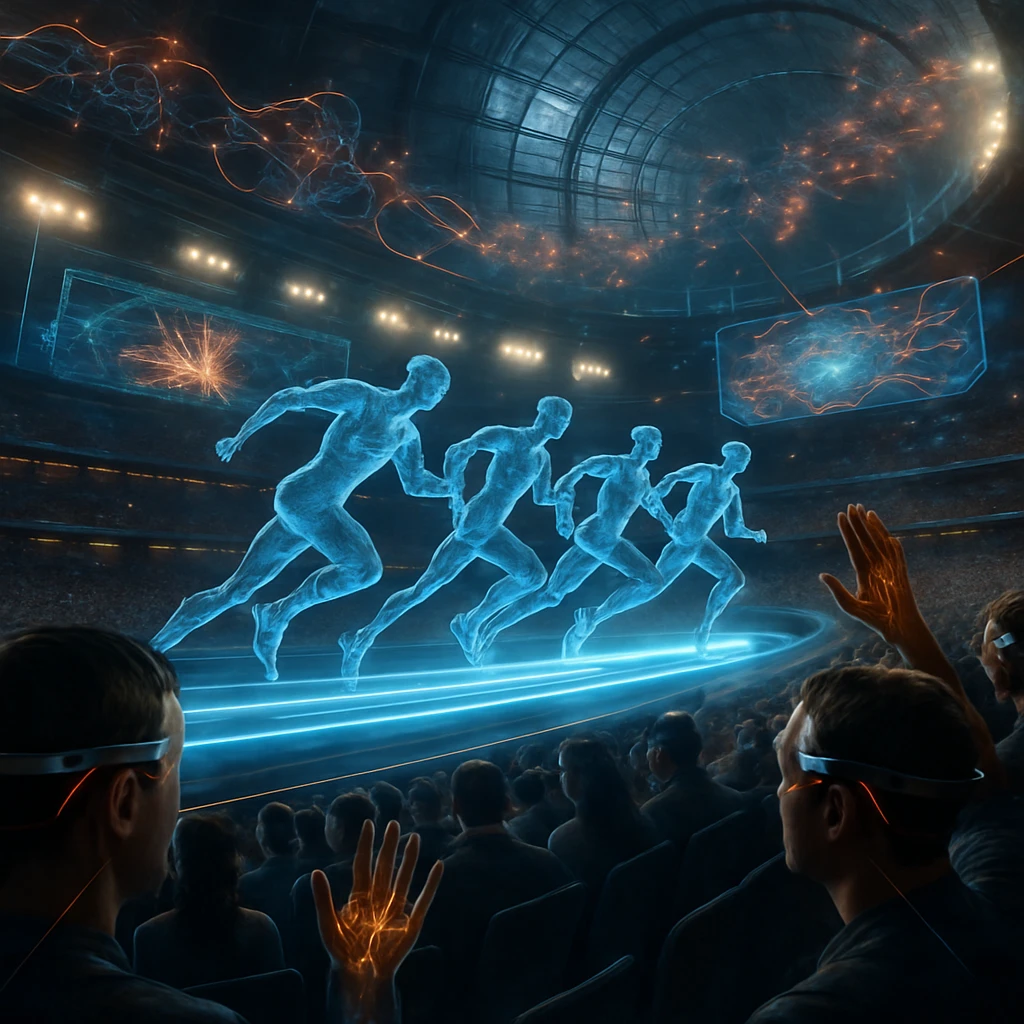 超近未来的なドーム型競技場で、分身するアバター選手が重力無視のコースを疾走し、観客たちが神経インターフェース装置を着用して見守る様子。