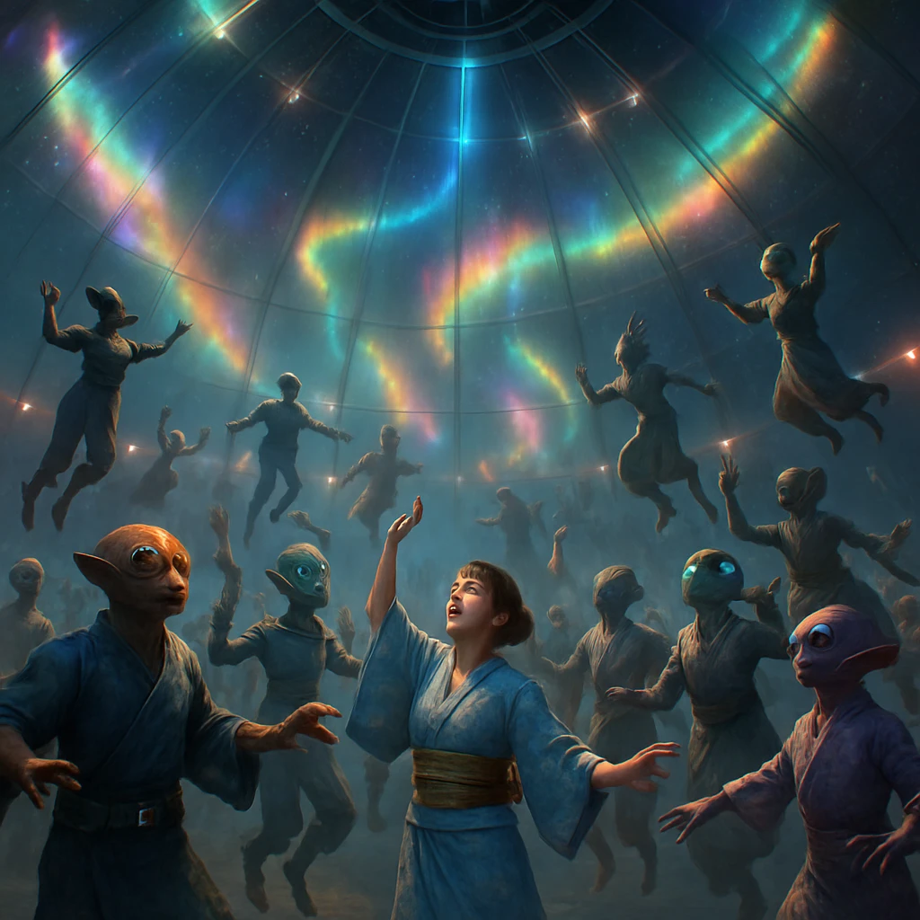 球体状の巨大ドーム内で多種多様な異星人と人間が空中で踊る幻想的な光景。