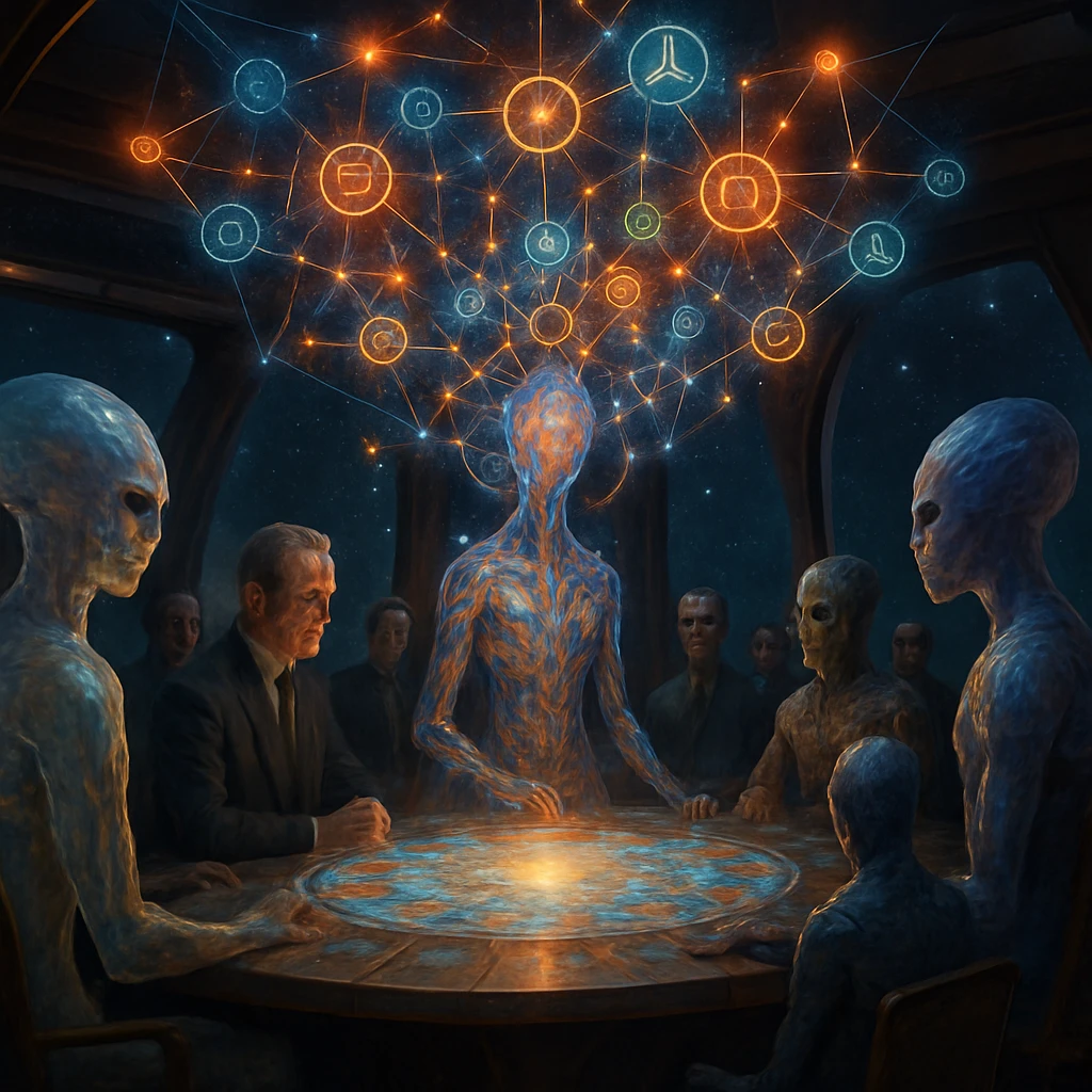 異なる次元の姿を持つ多様な生命体が、光るホログラムテーブルを囲んで宇宙的な会議に参加している場面の写真風画像。