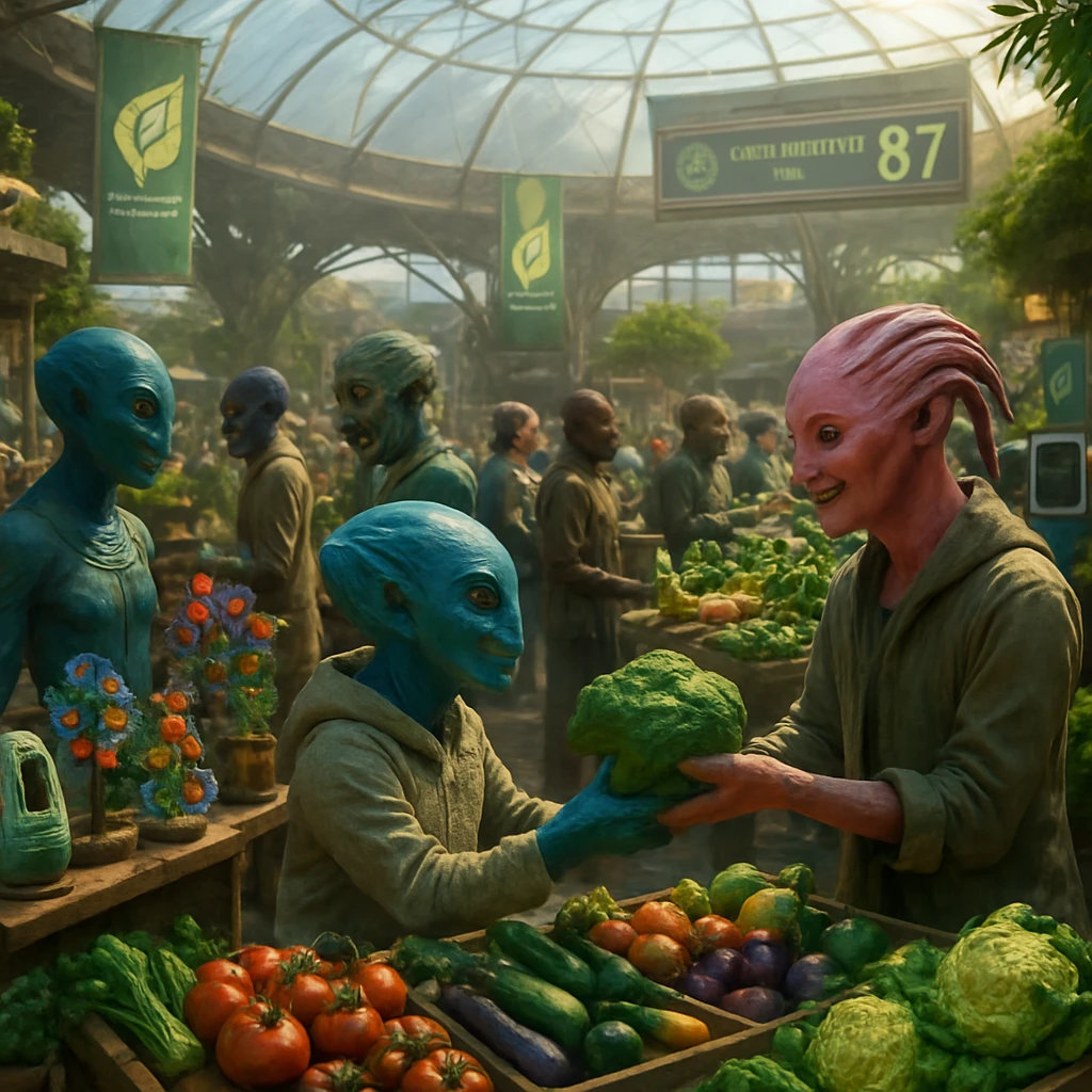 透明な巨大ドーム内で多様な異星人たちが野菜やリサイクルアートを持ち寄り、活気ある市場イベントに参加している様子。