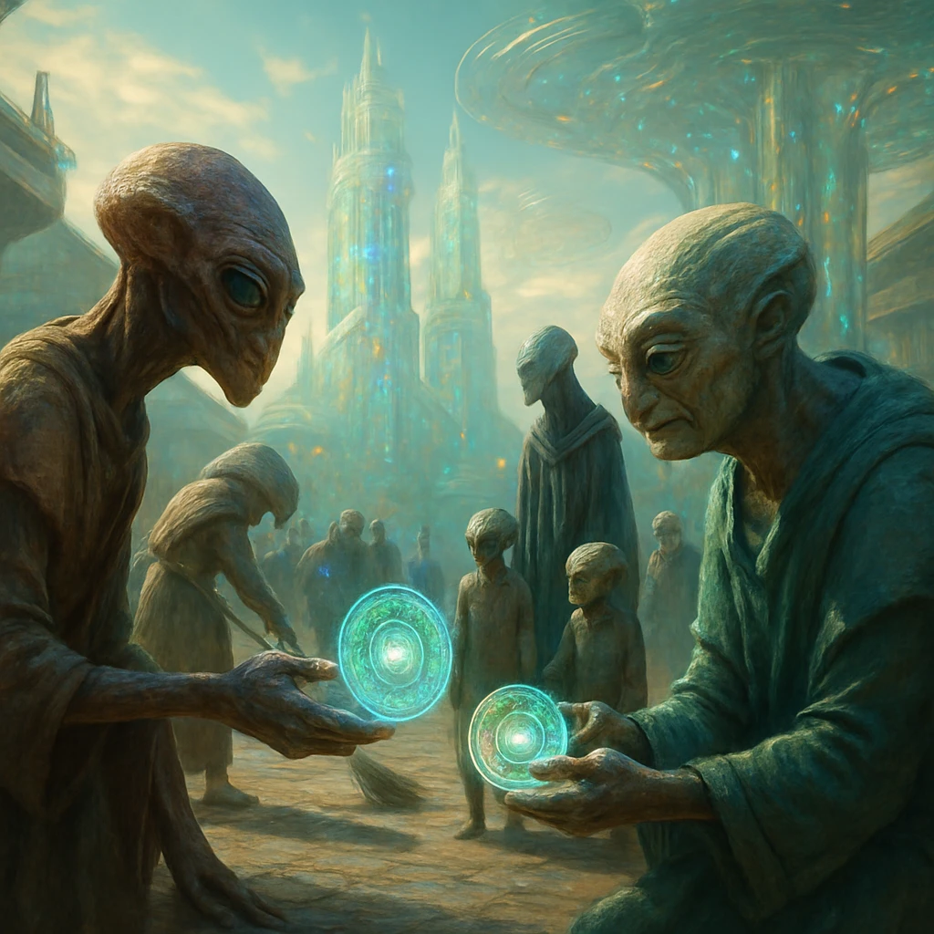 多種多様なグリュムタリア種族の市民が未来的な都市広場で共同作業やホログラムの受け渡しをしている様子のリアルな写真風画像。