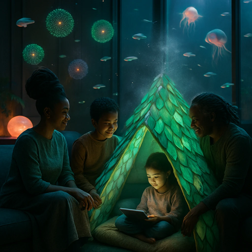 色とりどりの発光体や浮遊する小魚型生物に囲まれたクァクアン族の家族が、室内のピラミッド型キャンプコーナーでくつろぐ様子。