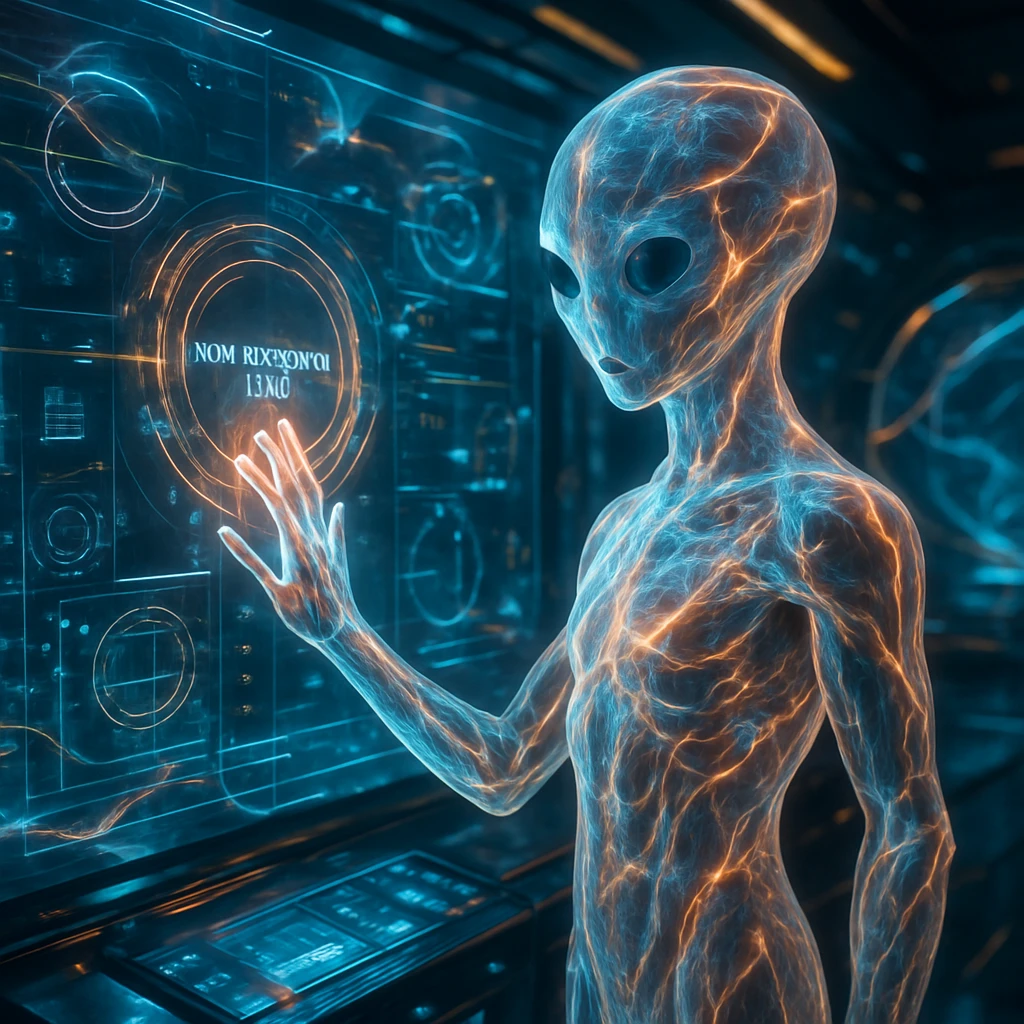 未来的な制御室で発光するプラズマ状の若い異星生物がホログラフィックインターフェースに手を伸ばしている様子。