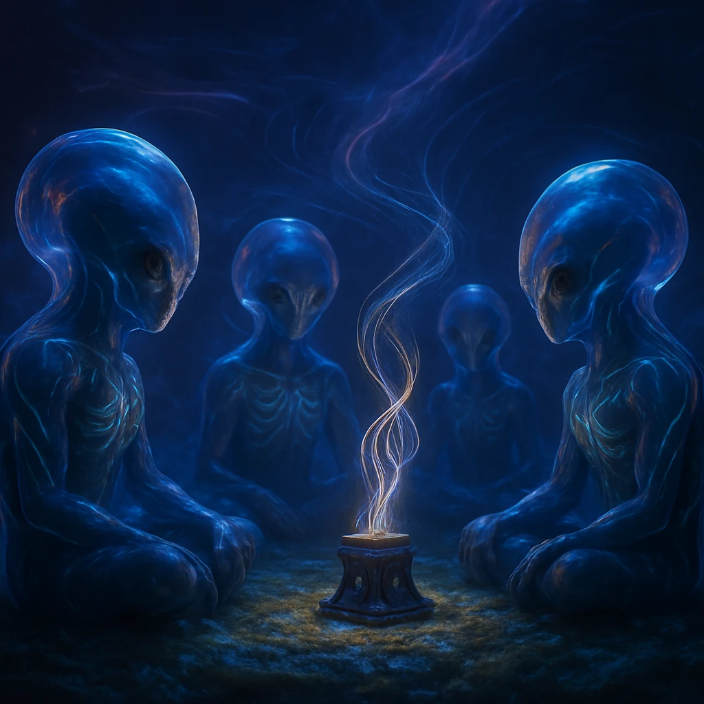 惑星ヴァジャラの生体フィールドに包まれたケリマクトゥたちが光る輪になって静かに集う祭礼の光景。