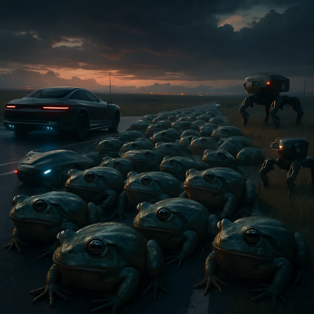 異星の草原道路を巨大なウシガエルが集団で横断し、先進的な車両や歩行ロボットが立ち止まっている様子のリアルな写真風画像。