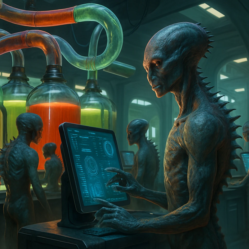 カリュオン種族が先進的なネットワーク導管でベジタブルブロスを管理している未来的な食材再生施設の様子。