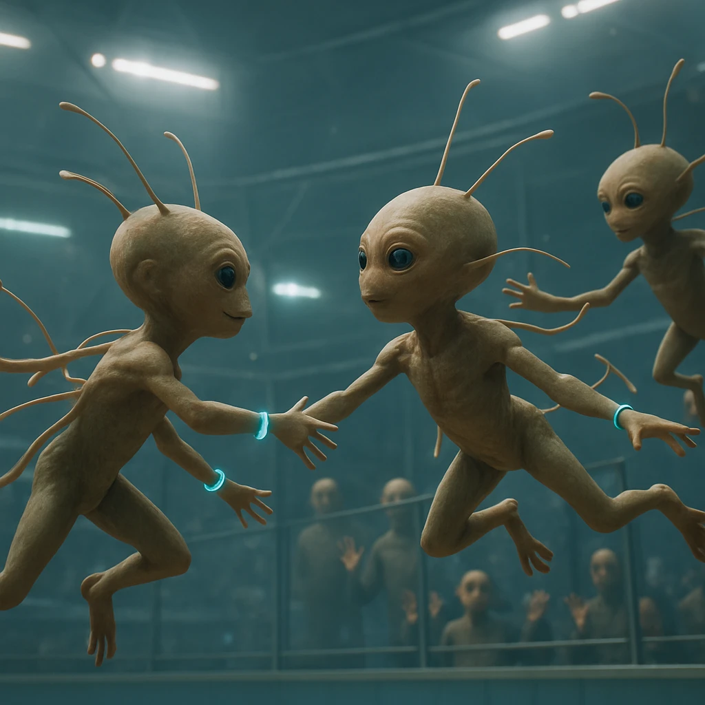 反重力アリーナで多肢の幼体型エイリアンたちが空中を自在に浮遊し、発光ブレスレットを付けて遊ぶ様子。