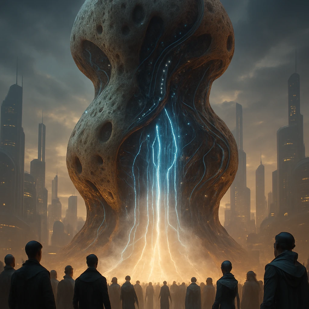 巨大なバイオ膜変換炉が未来都市オプシリア・コアの街並みにそびえ、市民や研究者がその動作を見守る様子。