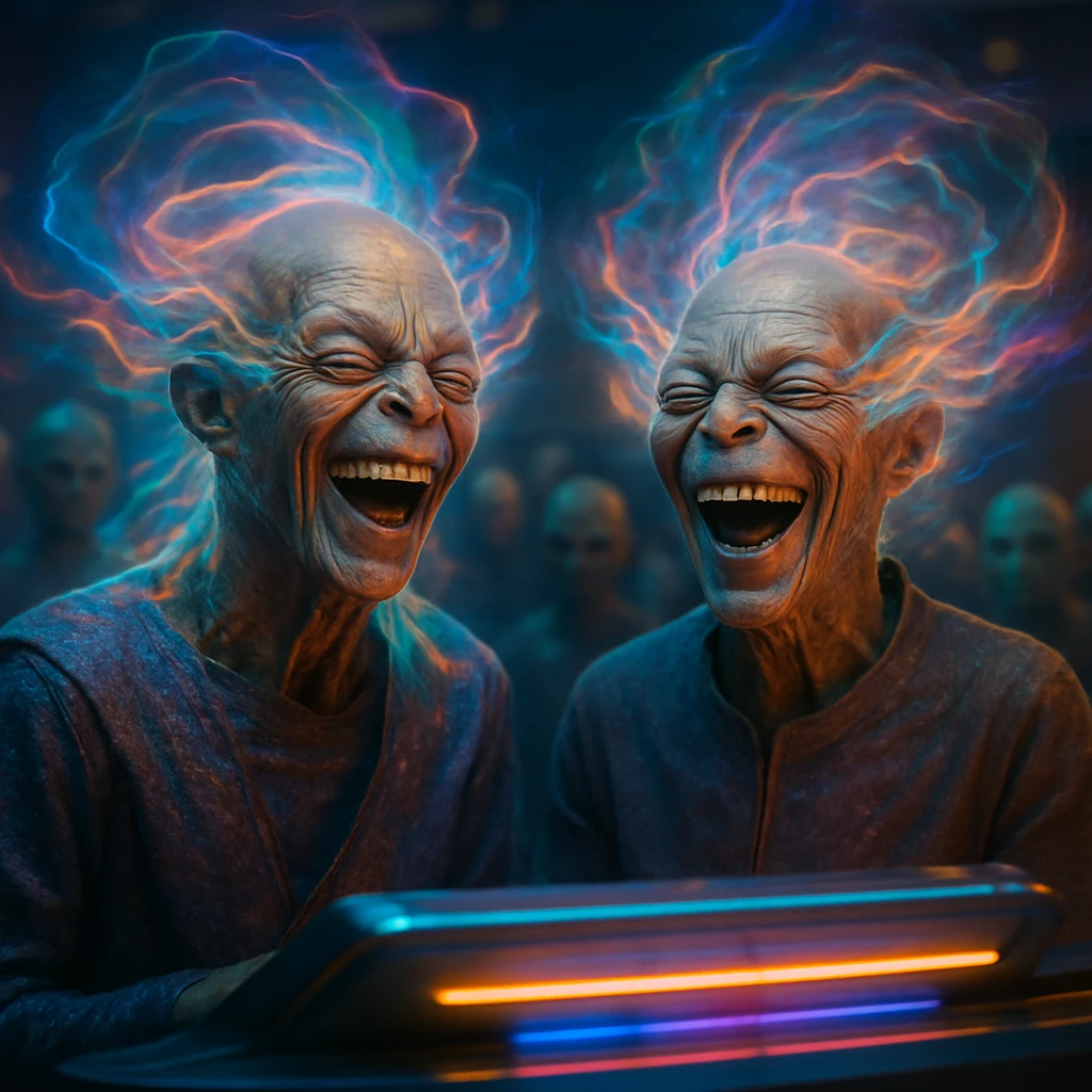 ルミノーク星の放送スタジオで、笑顔の異星人二人が発光するコンソール前に立ち、周囲にエネルギーの波が広がっている様子。