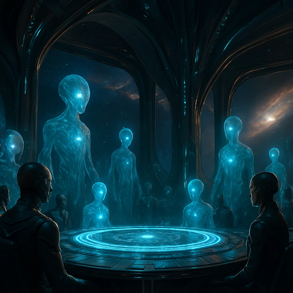 ナイロバル連盟の外交官とファラテクトAI生命体が円形ホログラム装置を囲む近未来的な会議場の写真風画像。