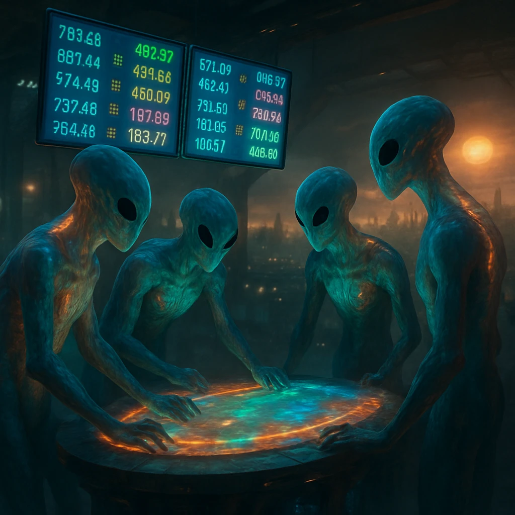 発光する通貨やホログラムが映し出された取引所で、恒星雲族のエイリアンたちが議論している様子のSF風写真。