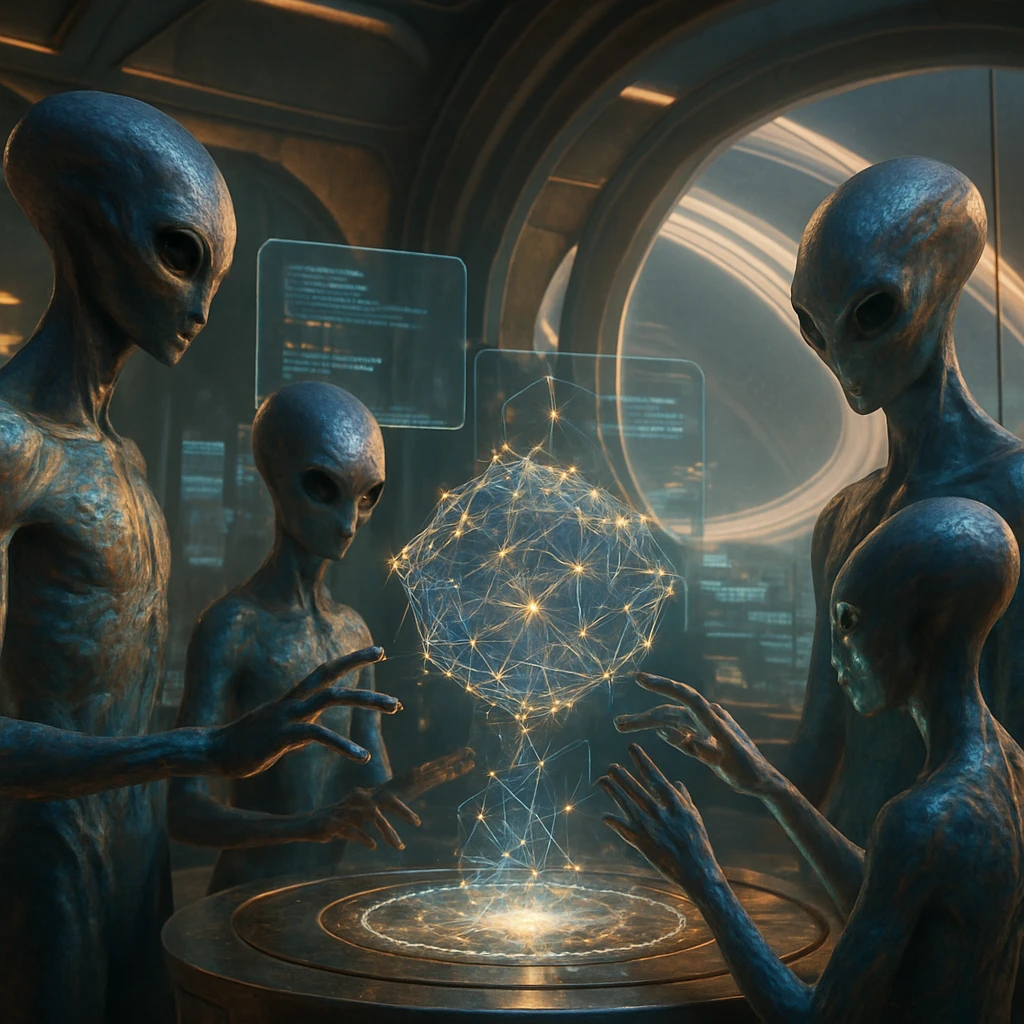 磁気嵐帯の惑星バルコンの研究所で、異星種族の科学者たちが浮遊するホログラフィック装置を囲んで共同作業している様子。