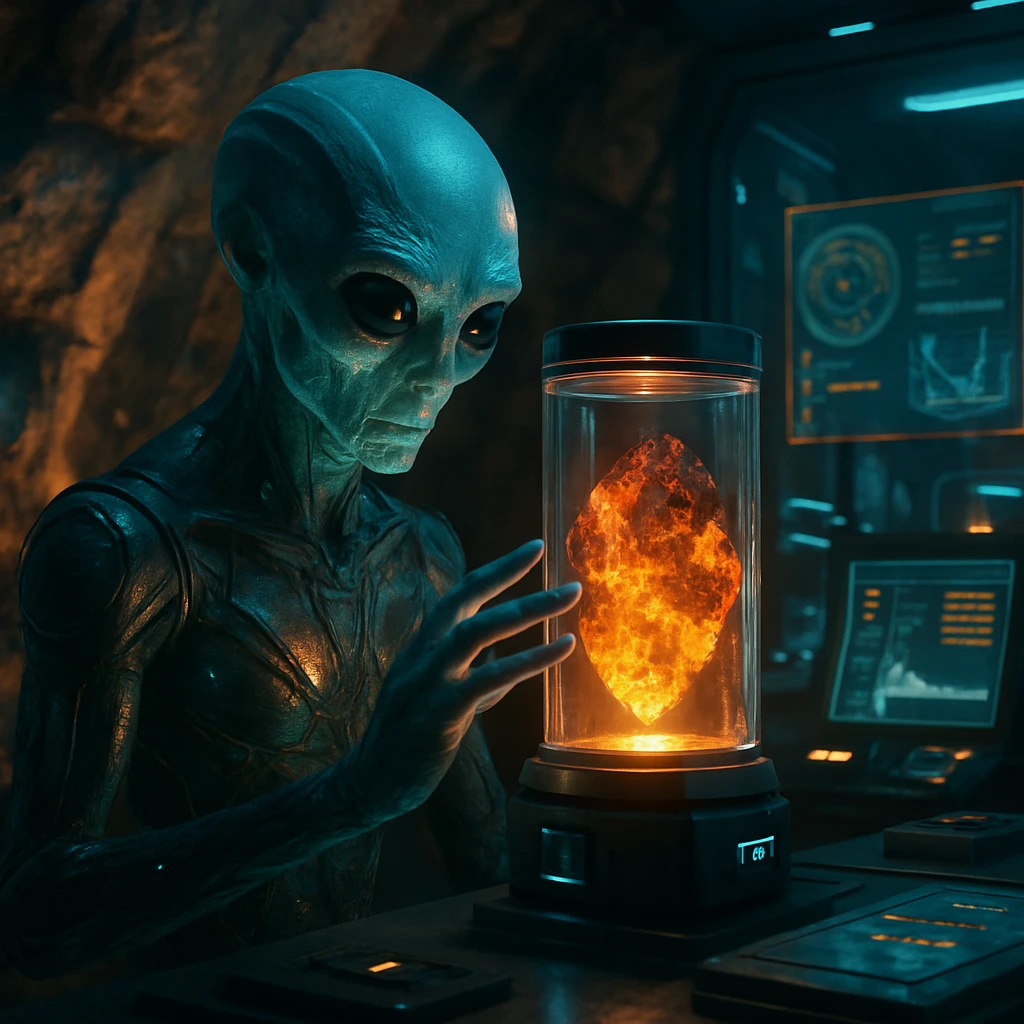 未来的な鉱山研究室で、発光する異星人科学者が透明容器内の輝くマグマ試料を調査している様子。