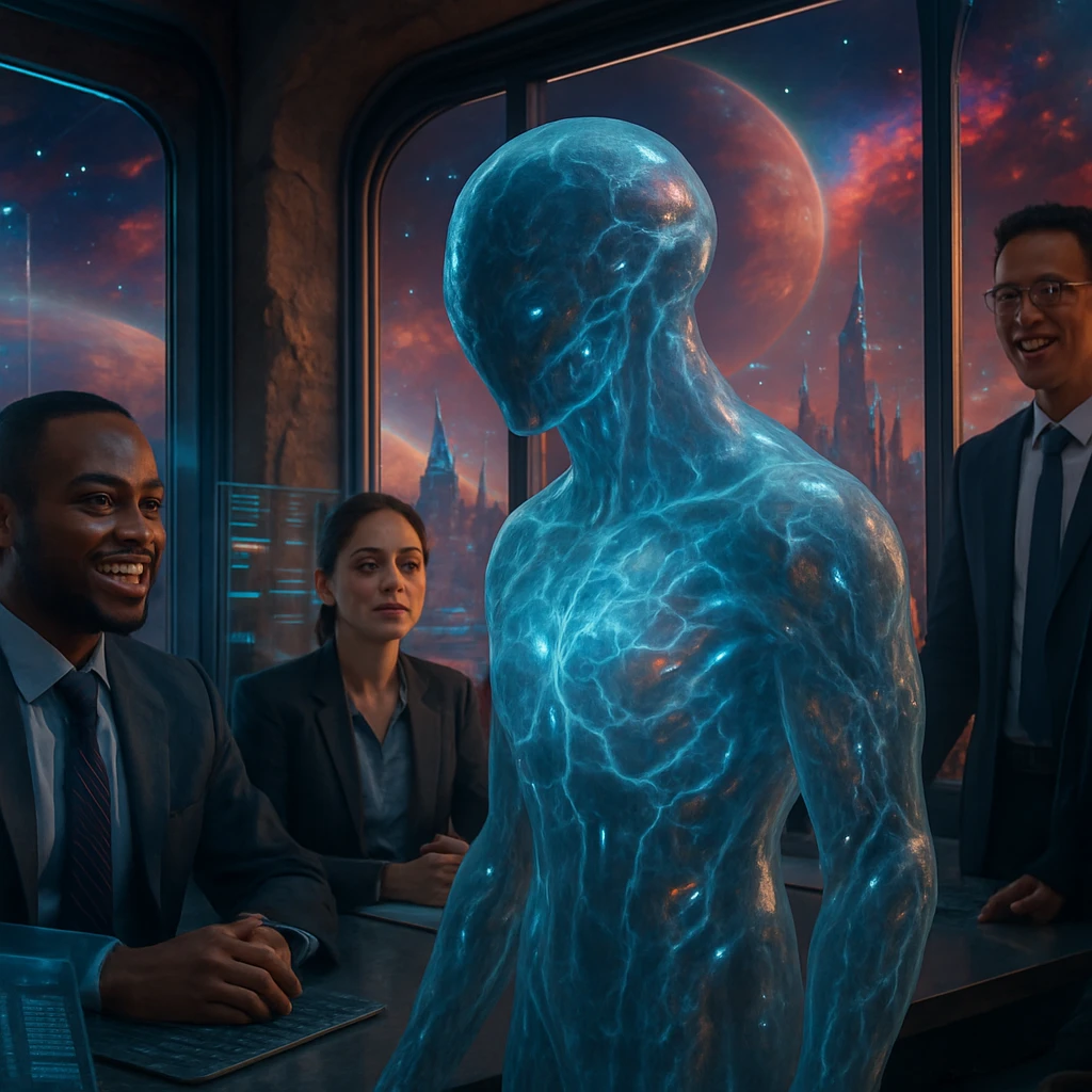 透明な粘体状AI生命体が多様な種族の営業チームと未来的なオフィスで交信している様子。