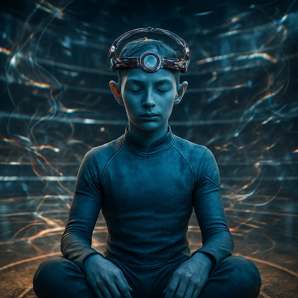 未来的なアリーナでセレス・リングを頭部に装着し、瞑想するヴァー＝ロズ族の若い競技者のリアルな写真。