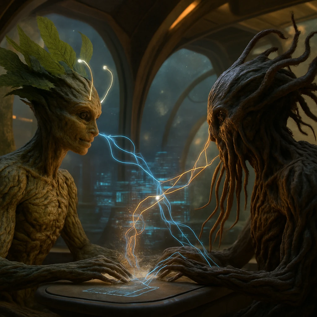 未来的な有機的オフィスで、樹上型と地下型の異種知性体が神経ネットワークでつながり座っている様子。