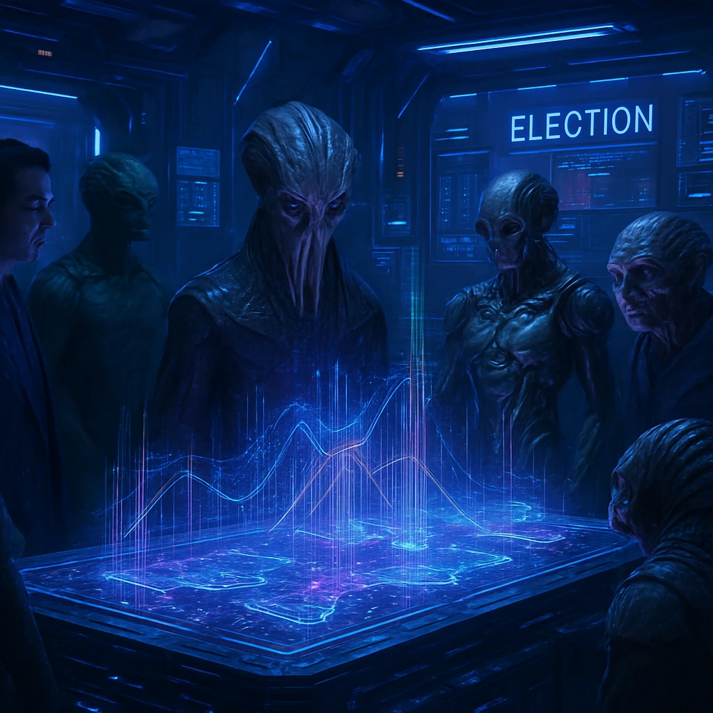 複数の異星人種が集まる未来的な統治院で、ホログラムの投票データが浮かぶテーブルを囲む様子。