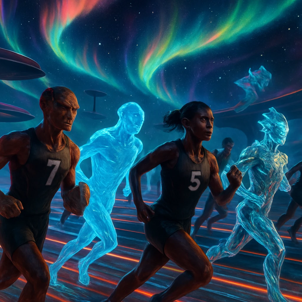 極彩色のオーロラと発光する地面の上を、多様な種族のランナーたちが夜空の下で疾走しているシーン。