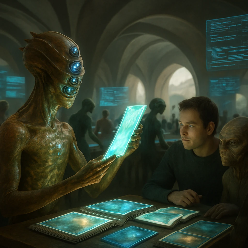 異星人や人類型ボランティアが多層目や光る皮膜を持つ姿で、広い未来的なホールで発光する写真巻を囲みながら共創している場面。