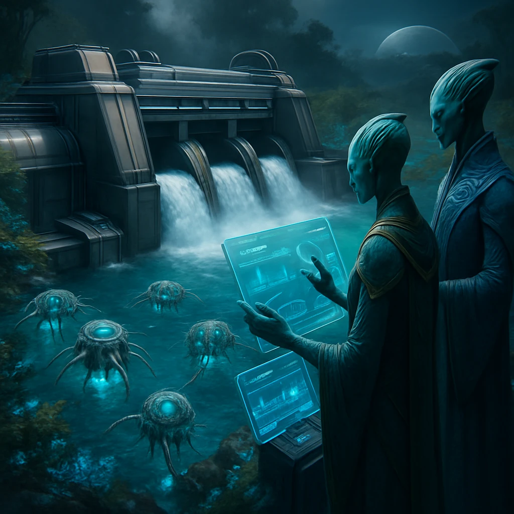 ラノックス星の未来的な小規模水力発電施設を、ユリシアン族が先進的な制御端末で監視している様子の写真風イメージ。