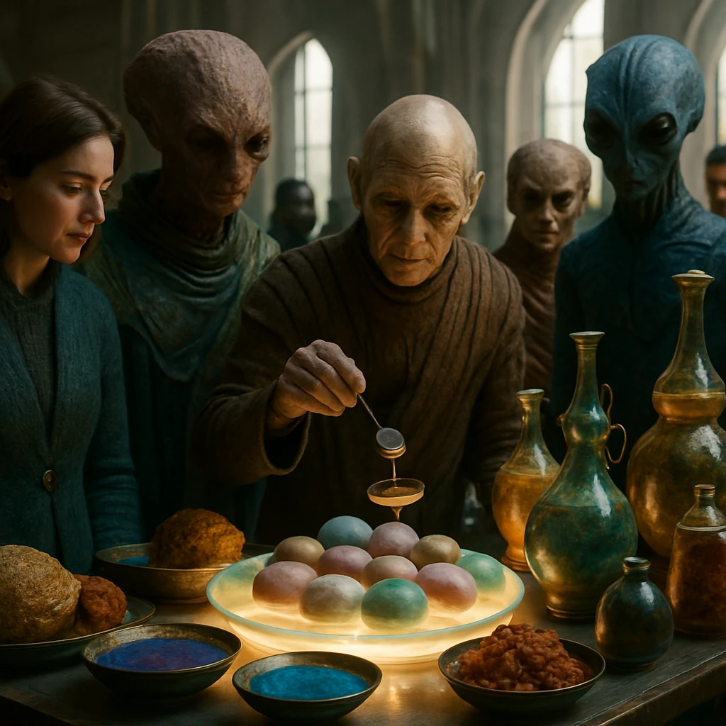 宇宙の発酵祭で異星人と人間が奇抜な発酵料理や餅を囲んで談笑する、未来的なホールの写真風イメージ。