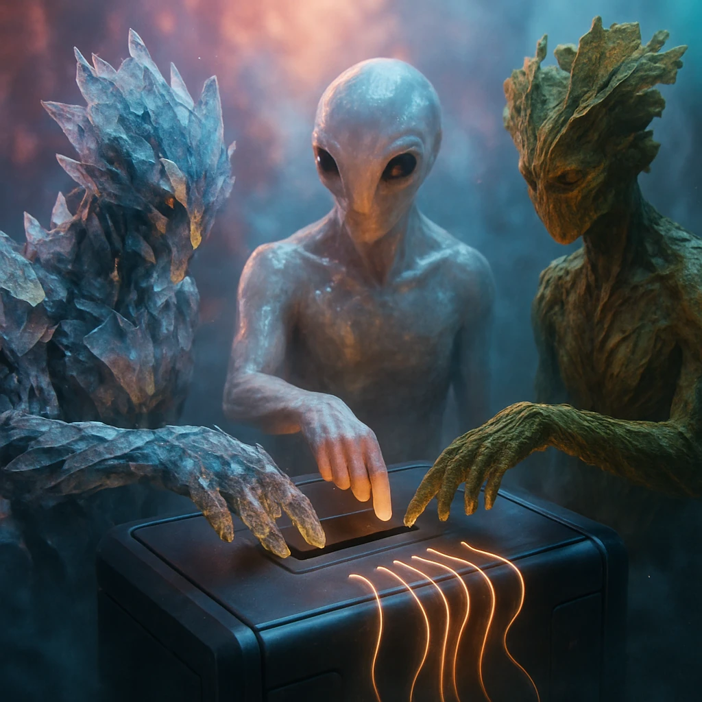 さまざまな異星生命体が未来的な投票端末に集まり認証を行っているSF風の情景写真。