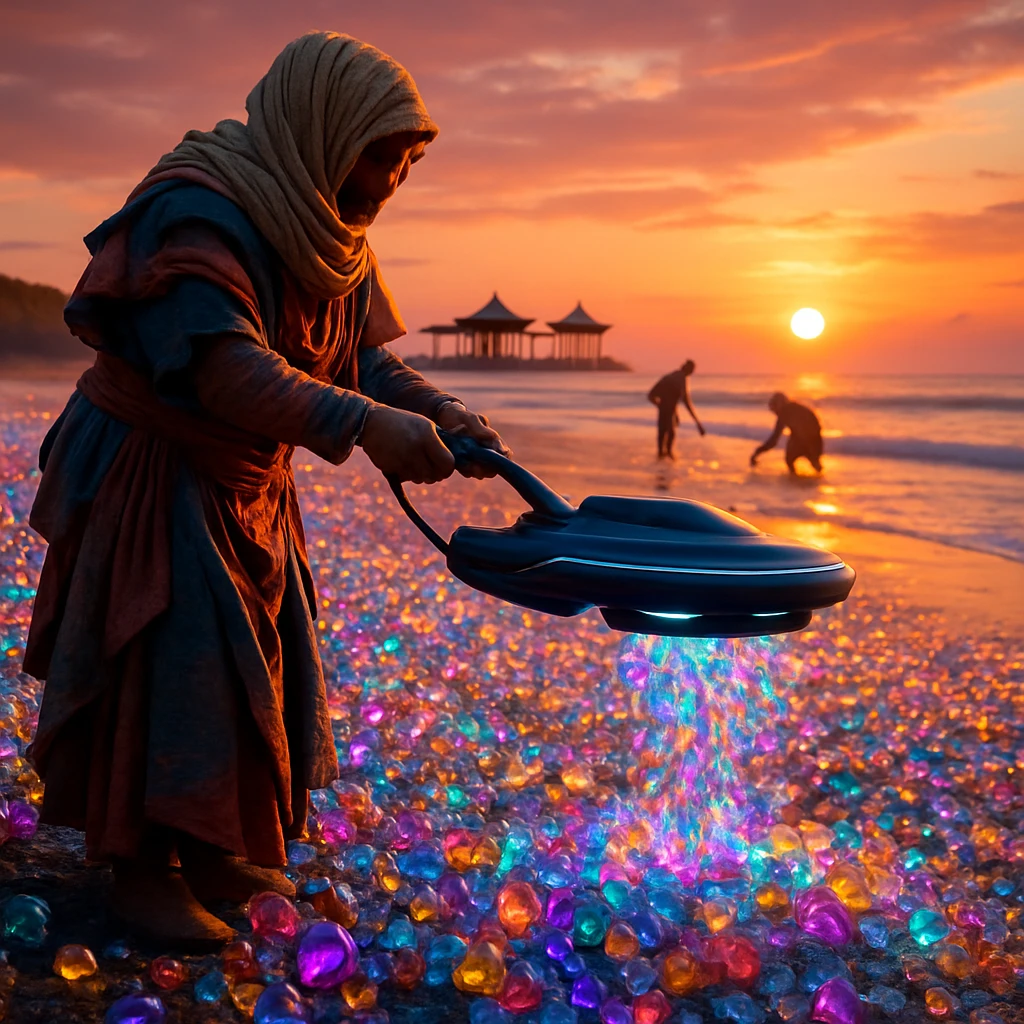 虹色に光る潮硝子が浜辺一面に広がり、伝統的な衣装を着た人物が磁気装置でガラス片を集めている様子。