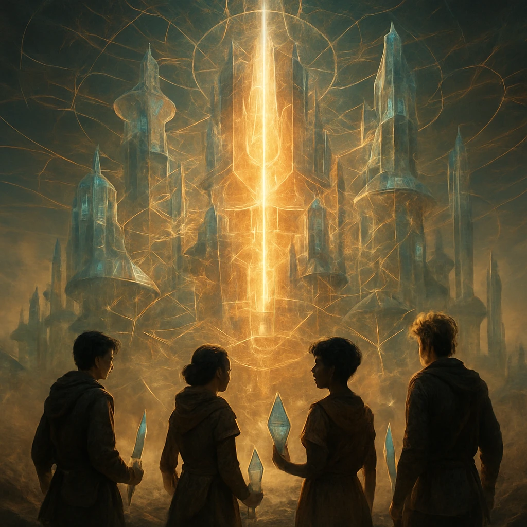 巨大な結晶構造体「イシュタール格子」と、それを見上げる若い住民たちの姿。