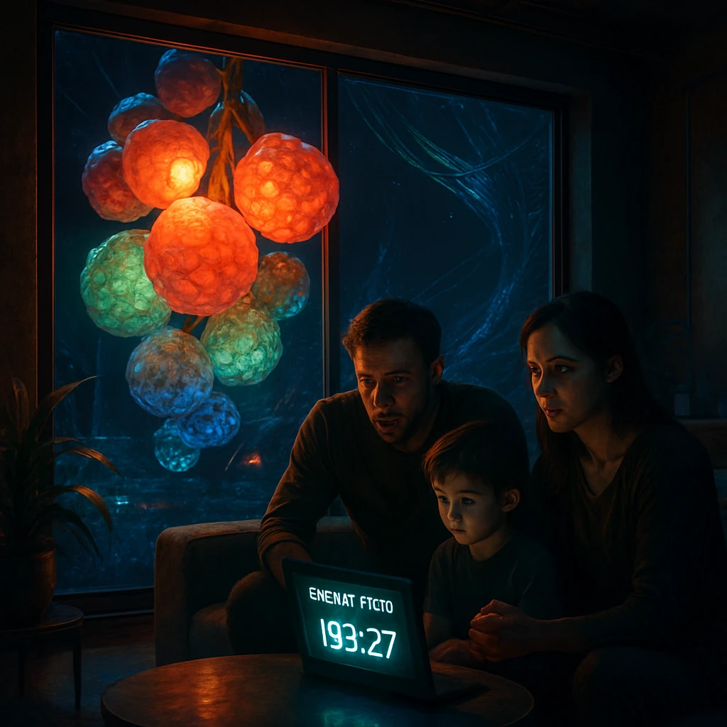 未来的な室内で発光する透明な球状果実が照明となり、家族が電力費用を心配そうに見つめている様子。