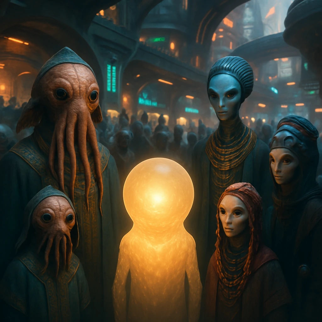 多様な異星種族と人型生物が都市広場で集い、固有種族による触手舞踊と異文化交流が織りなす場面。