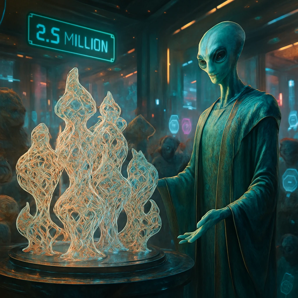 異星のアートオークション会場で、自律的に形を変える精霊工芸作品とエルル＝トワズランが来場者たちの前で紹介されている様子。