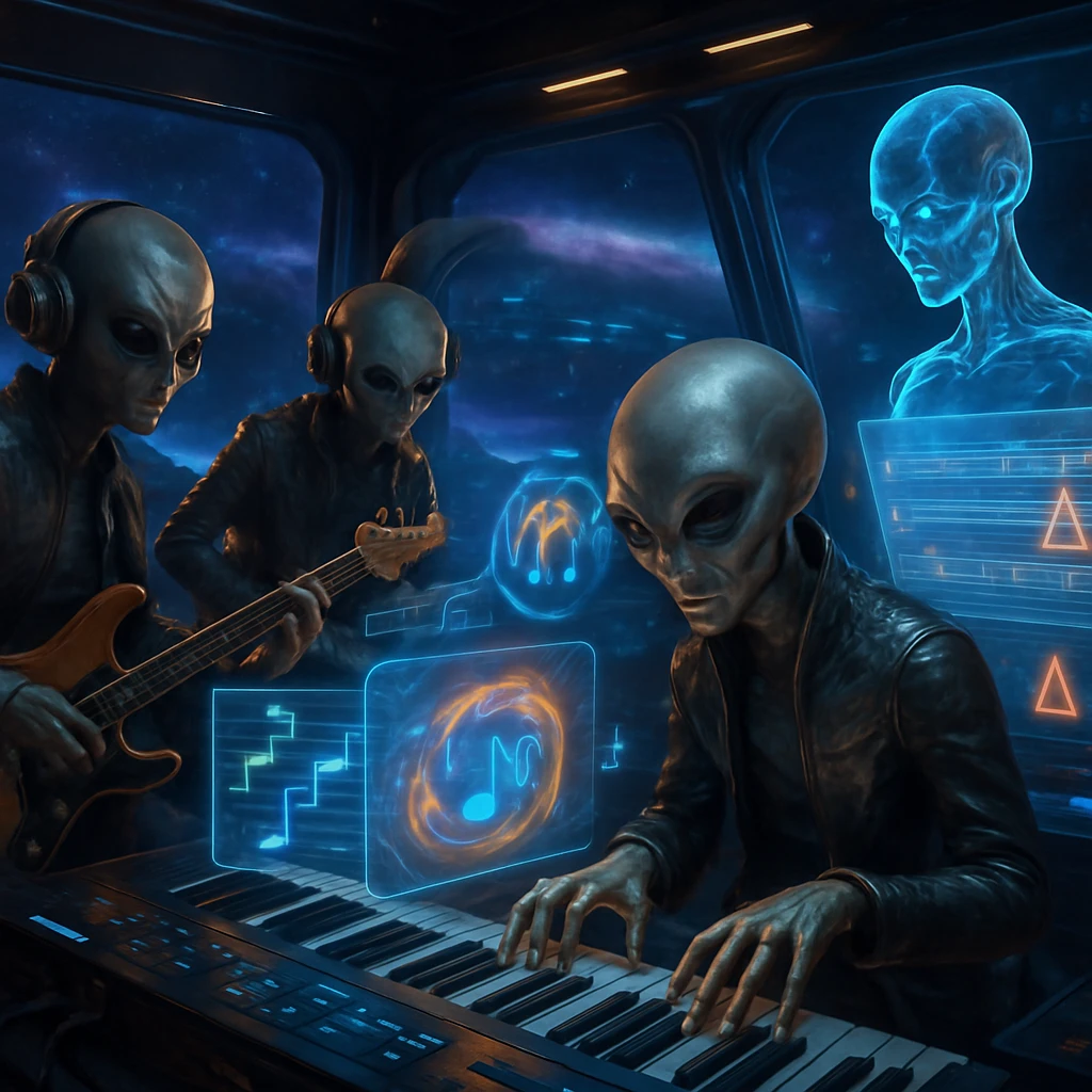 未来的なスタジオでエイリアンの若者たちがホログラム楽譜やNFTアートを囲んでボカロ曲を創作し、人工知能が審査している場面。