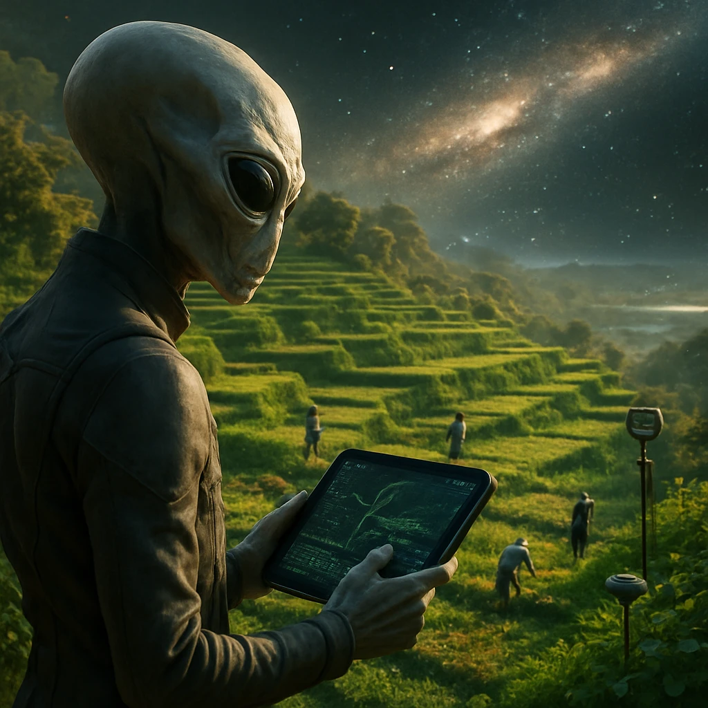 異星人の研究者がデジタルタブレットを手に、里山の自然と人間たちの手入れ風景を観察している現場の写真風イメージ。