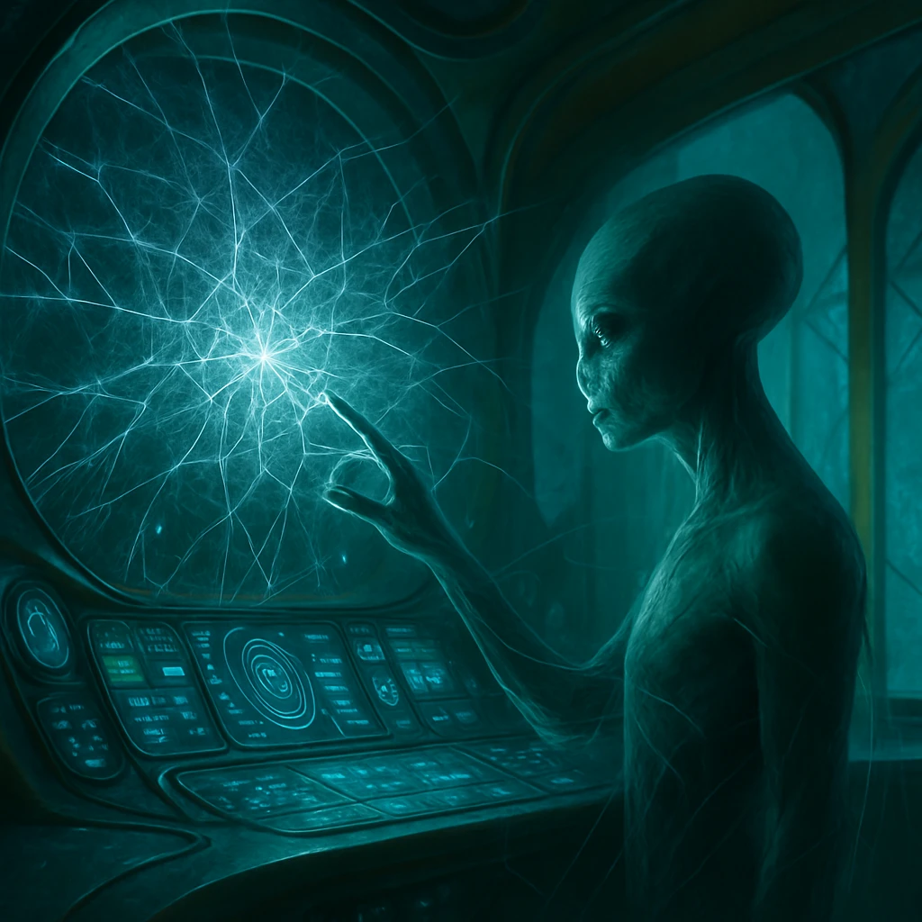 ヴェルデノスの人物が自宅の生体技術的な端末に手を伸ばし、光る量子ネットワークホログラムに接続している近未来的な室内の様子。