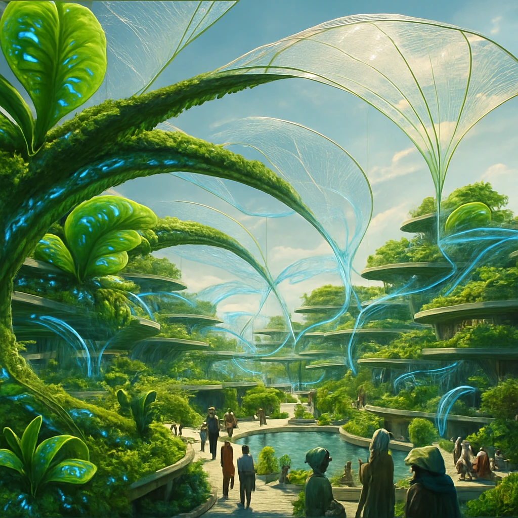 未来都市マルンダで市民が公的水スペースと緑化された歩道に集う、最先端の水循環インフラと植物が共存する風景。