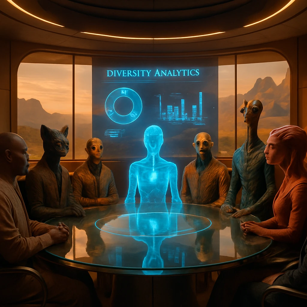 多種多様な種族と形態のリーダーたちが円卓を囲み、中央にAIホログラムが浮かぶ近未来的な会議室の様子。