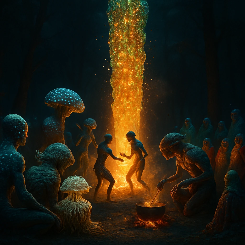 異種生命体たちが巨大な光合成胞子柱を囲み、夜の森で焚き火祭を繰り広げている様子。
