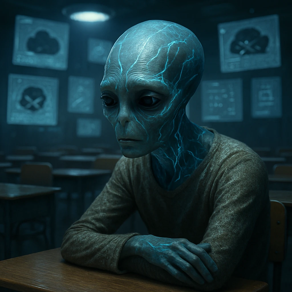 青白く発光する神経模様を持つトリルキス族の個体が薄暗い教室で一人うつむき、周囲に黒雲状のデジタル記号が浮かぶ様子。