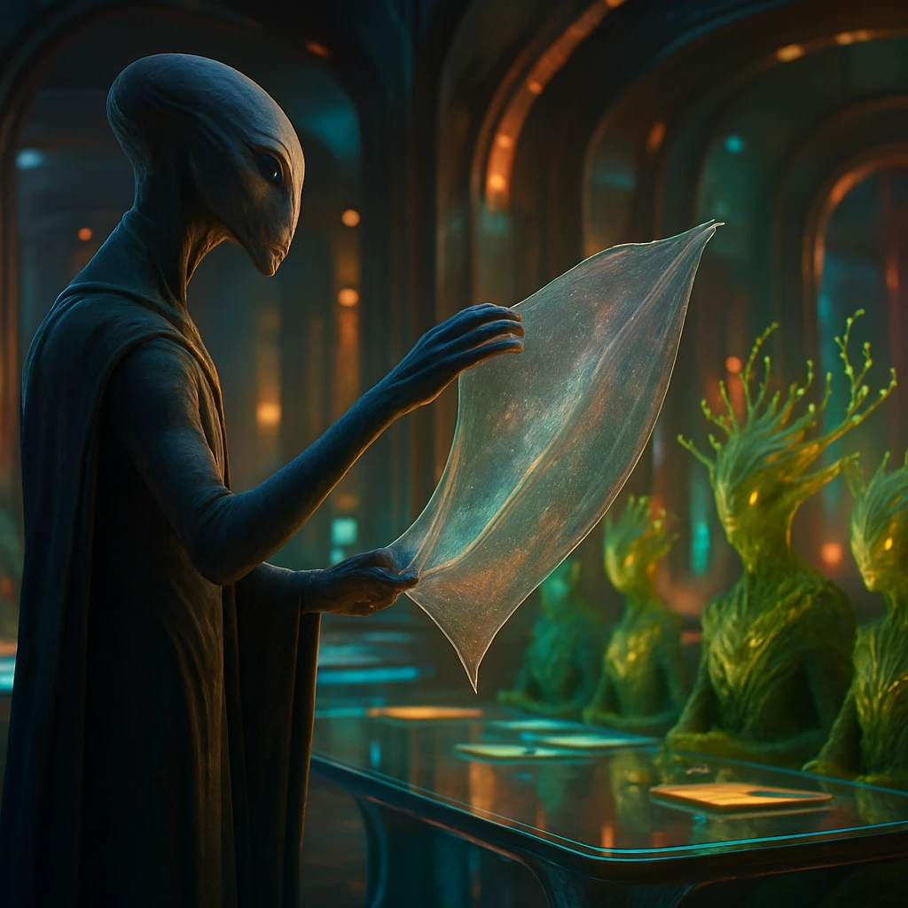 近未来的な会議室で、ヴァルゼック星連邦の異星人代表が空中に浮かぶ生体ヴェールを示し、植物型知的生命体と対話する様子。