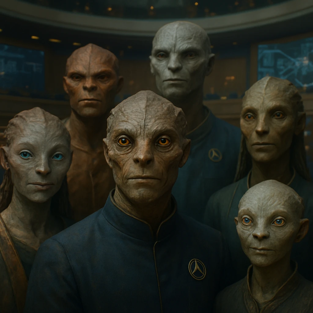 ザンセラ星の多様な虹彩色と特徴を持つ評議会メンバーたちが、荘厳な会議場に集い歴史的な法施行を迎える様子。