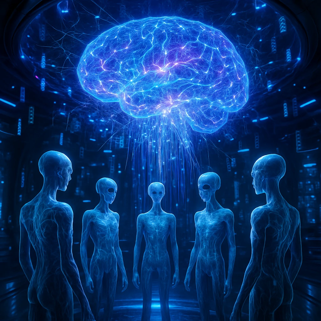 巨大なホログラフィック神経ネットワークディスプレイの下、異星種族クォロアンたちが円陣になって集まる未来的なデータチャンバーの様子。