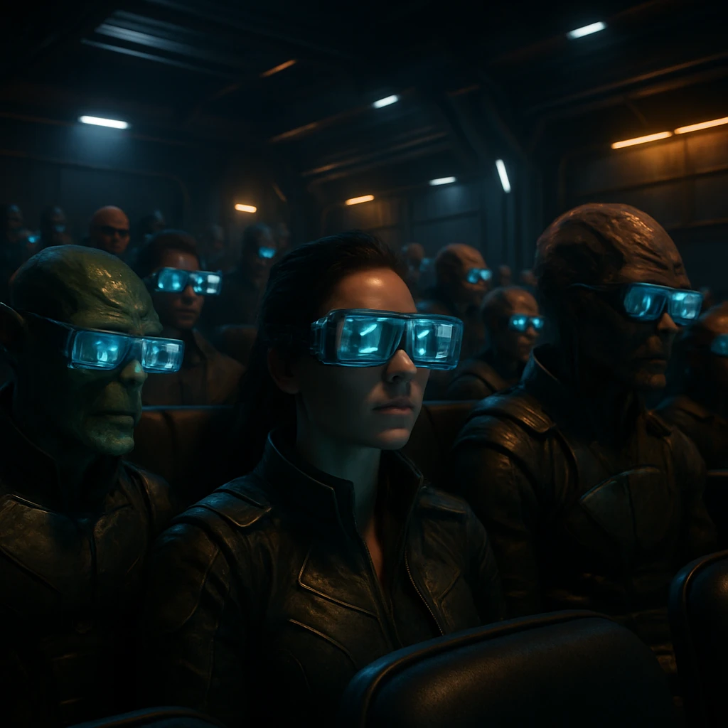 未来的な映画館で様々な種族の観客がホログラム映像を眼前に見つめている様子。