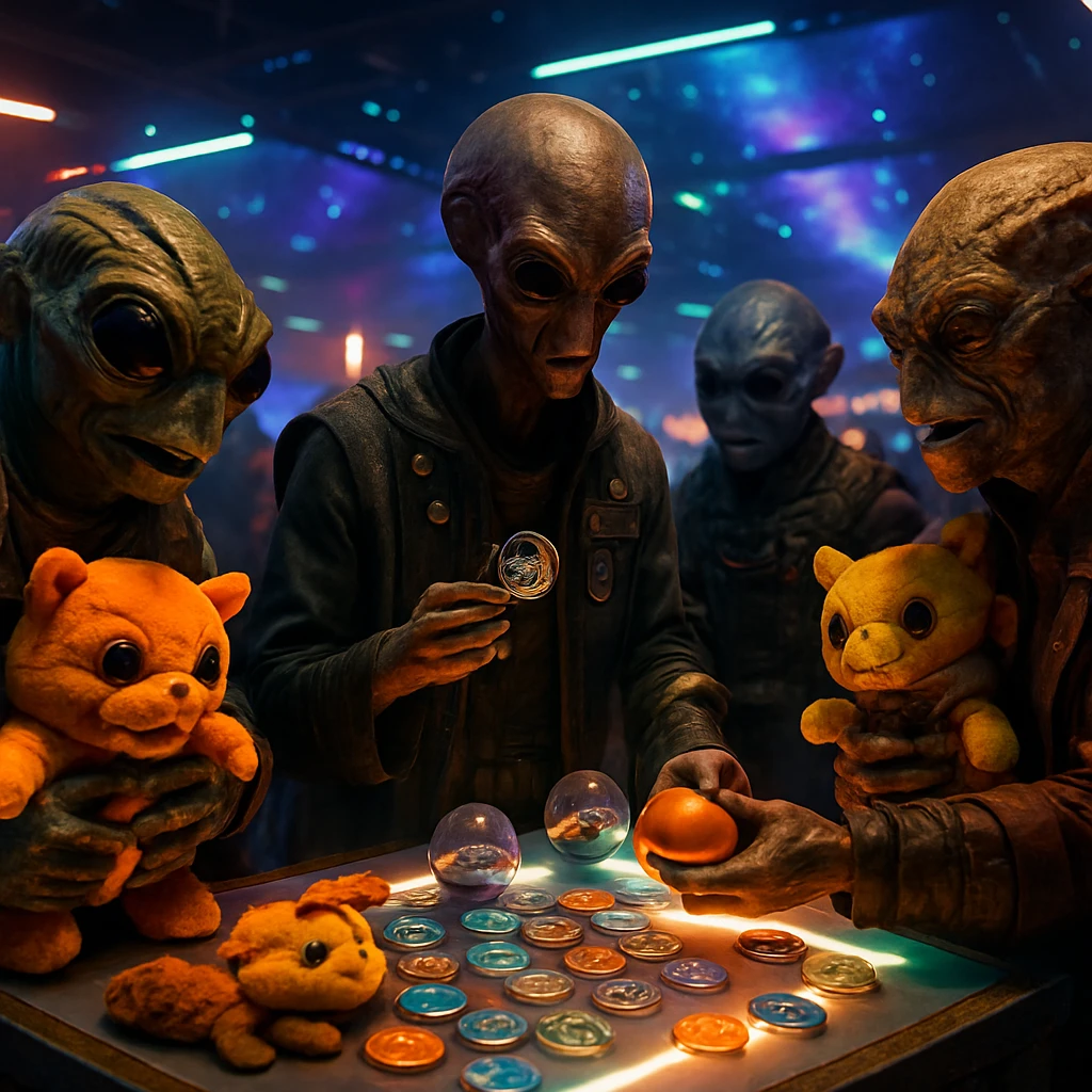 複数の異星人が未来的な会場でぬいぐるみや缶バッジなど多様な推しグッズを興奮気味に交換している様子。