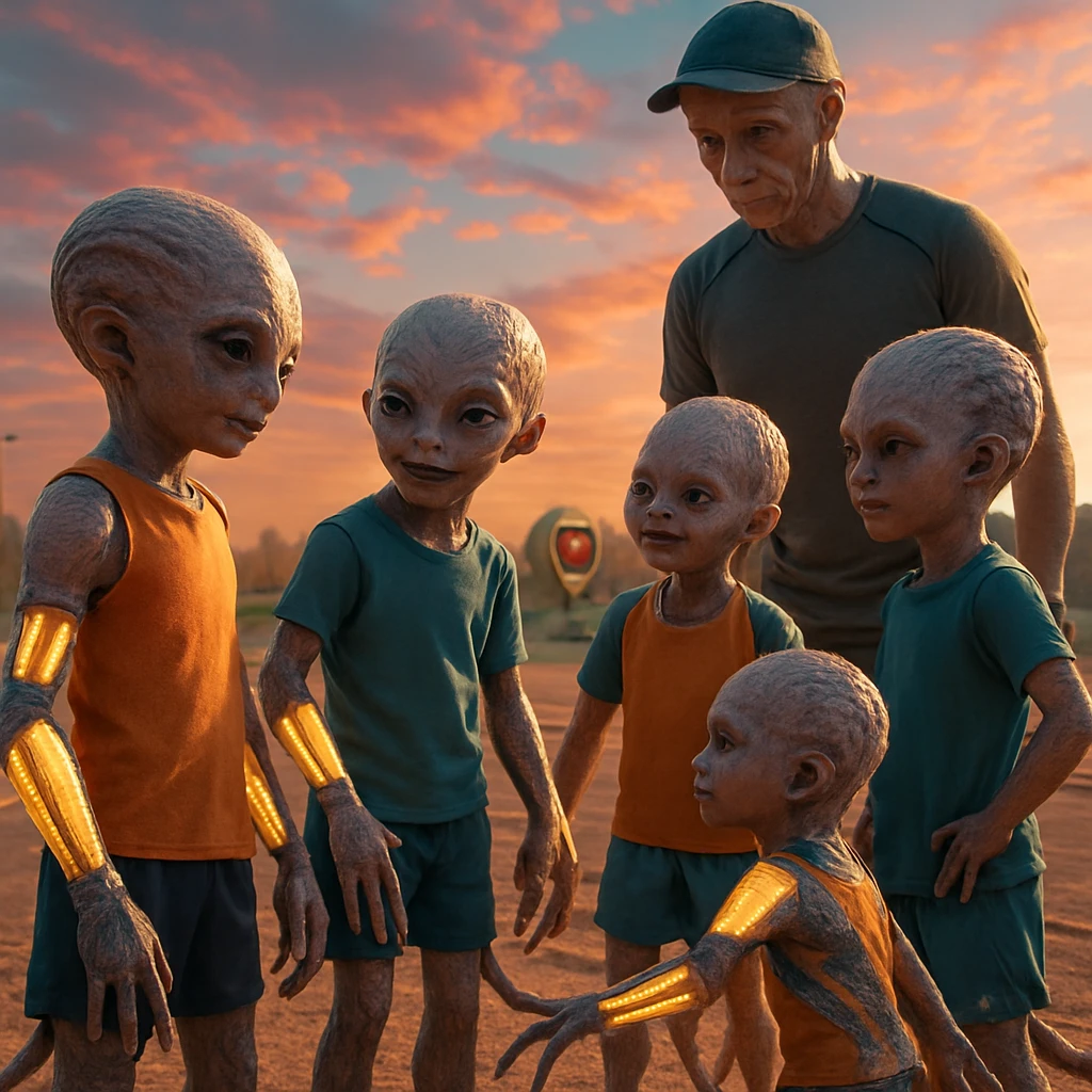 多肢を持ち、光る義肢を装着した異星人の子どもたちがコーチと共に屋外競技場でスポーツの準備をする様子。