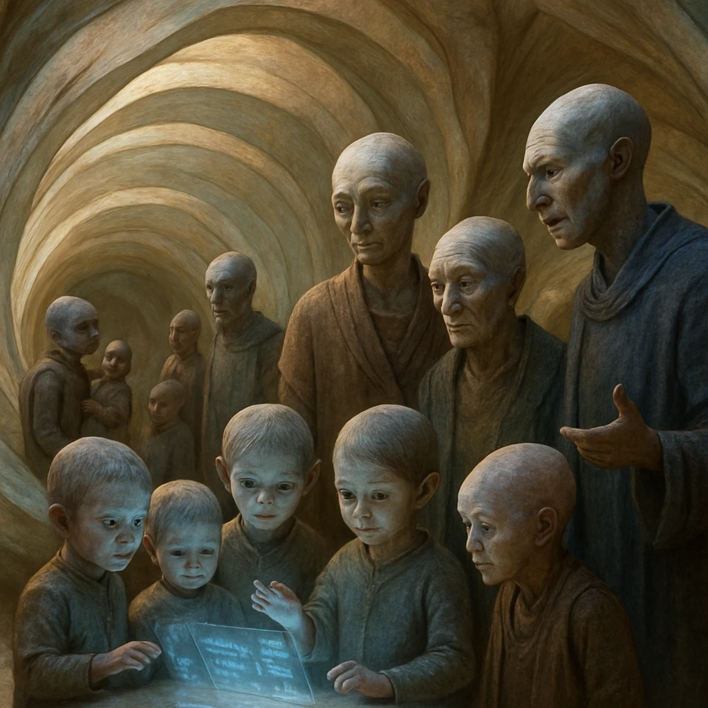 多層の貝殻型住居内部で、異星種族の家族や子どもたちが集い、情報端末を囲んで交流している様子。