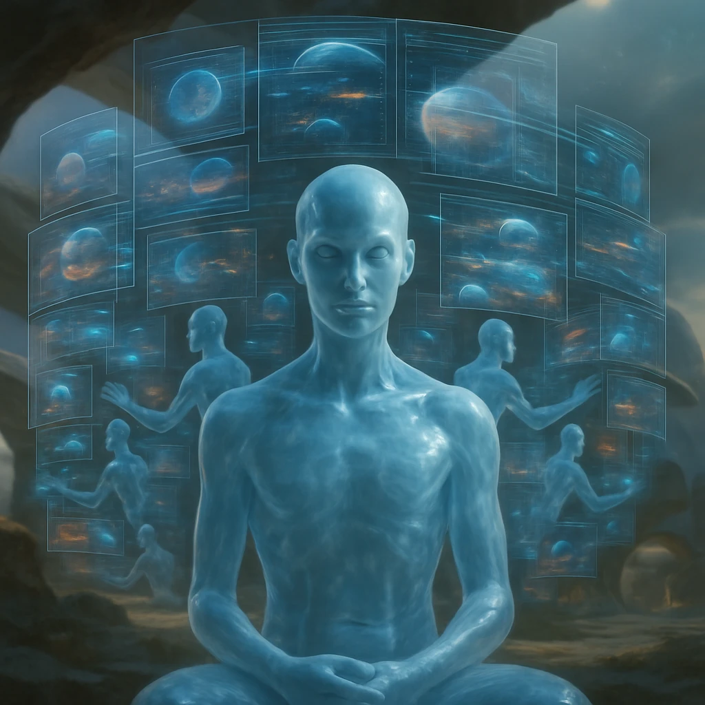 複数の分身がホログラムを操作するアンドロジナスな知性体が未来的な空間に座る様子。