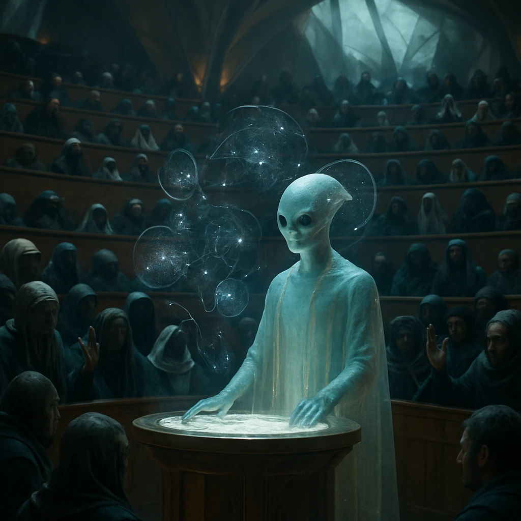 未来的な議場で異種族の議員たちが多数集まり、中央でネモクリ代表がホログラムの記憶データに囲まれ討論している様子。