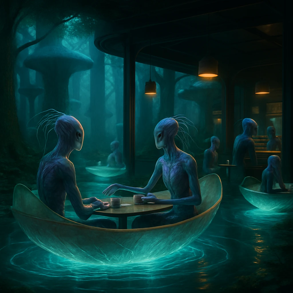 異星の森でゼルフィオン種族が浮遊艇に座り、発光する池と巨大な樹木に囲まれてカフェ体験をしている様子。