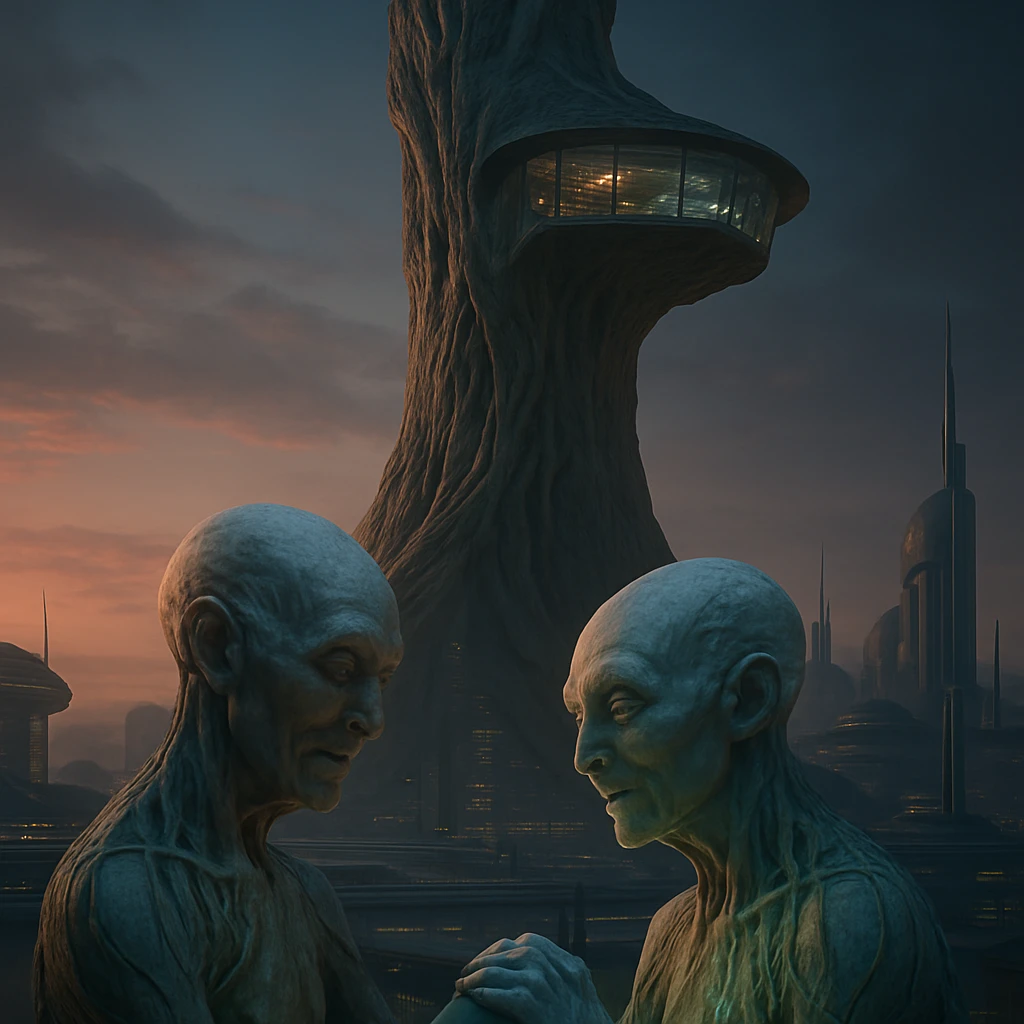 夕暮れの異星都市に立つ有機的な巨大タワーの麓で、高齢のルミアン族が神経葉をつなぎ共感を分かち合う様子のリアルな写真風画像。